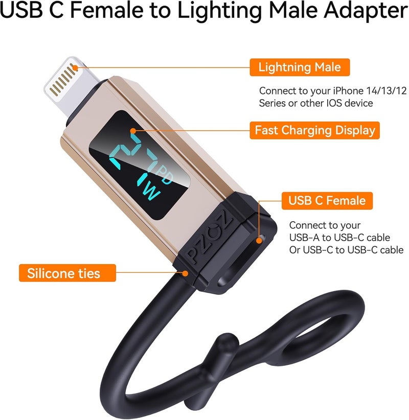 Pzoz محول USB C إلى Lightning مع شاشة LED، شاحن سريع 27W Type C PD لموبايل 14/13/12/11/XS/XR/SE/AirPods، يناسب كابل شاحن MacBook، يدعم نقل البيانات (1 عبوة) - Image 2